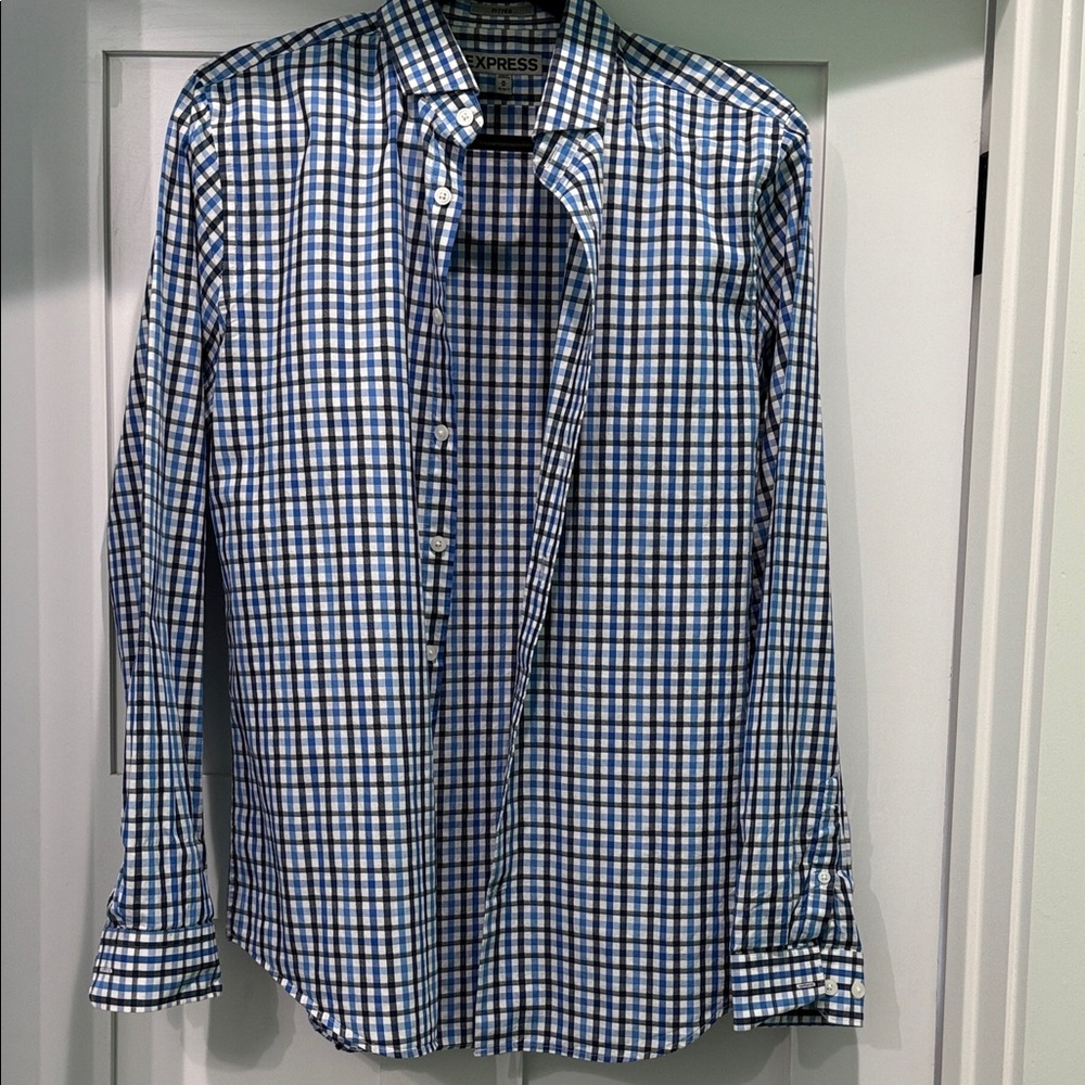 Express Men's Blue and White Plaid Shirt. Size M/ 15-15.5